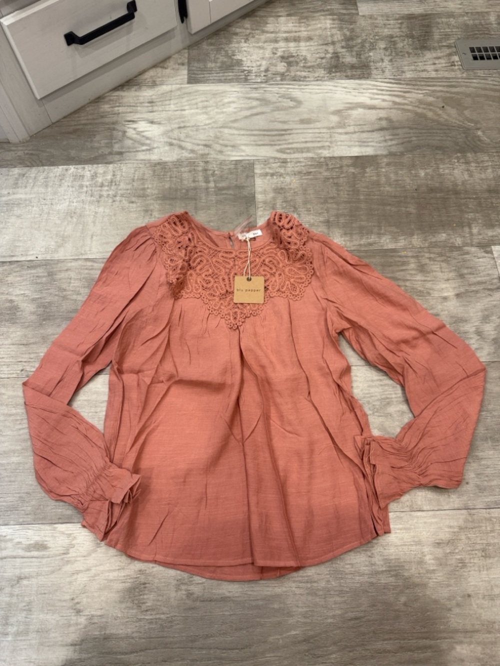 Blu Pepper Coral Lace Yoke Long Sleeve Blouse